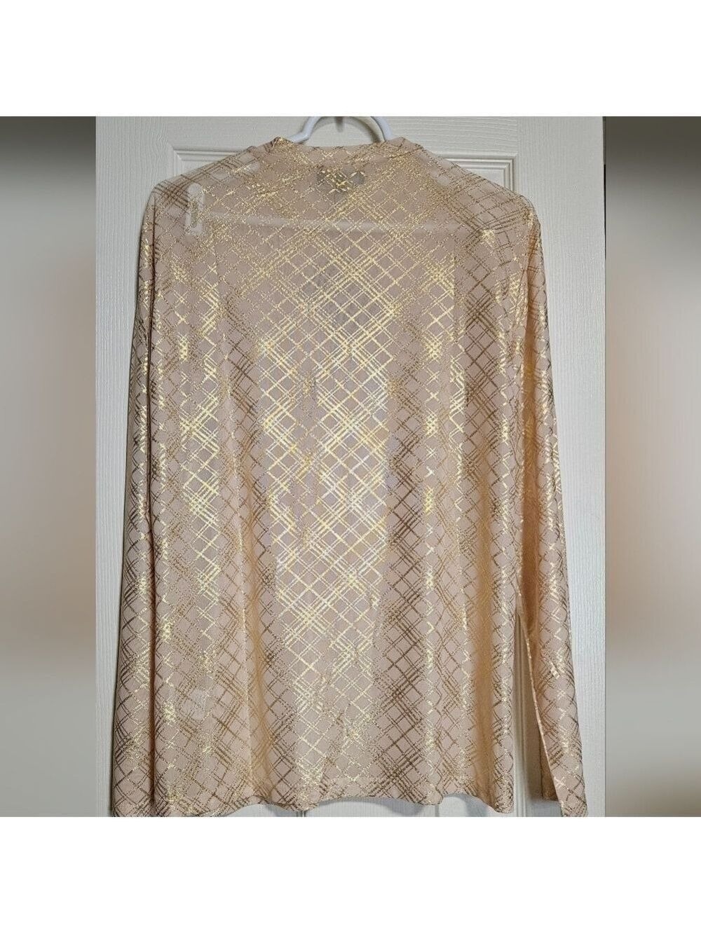 Sheer Cream Gold Plaid Women's LS Mesh Blouse 3XL